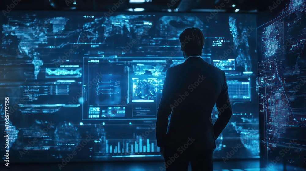 Poster A figure in a suit observes a digital interface displaying data and global maps.