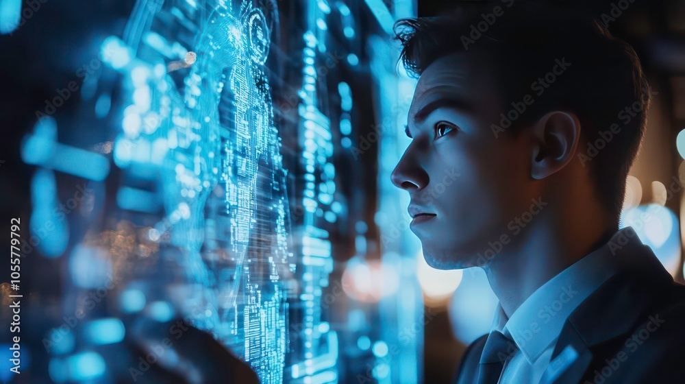 Poster a man in a suit examines a digital interface, showcasing technology and innovation.