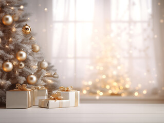 White & gold Christmas scene with presents on table, blurred bokeh lights and fairy lights