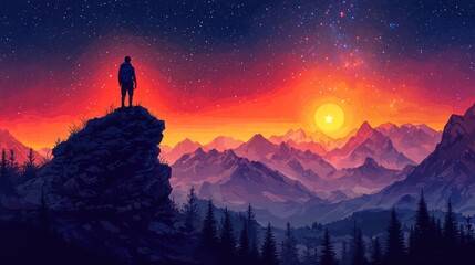 Fototapeta premium A lone figure silhouetted on a mountaintop at dusk with a starry night sky and distant mountain range.