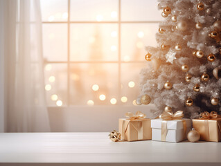 White & gold Christmas scene with presents, on table blurred bokeh lights and fairy lights with table