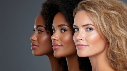 Obraz premium Portrait of group of middle aged women in line with colorful clothes. Skin care. Cosmetics. Anti-aging.