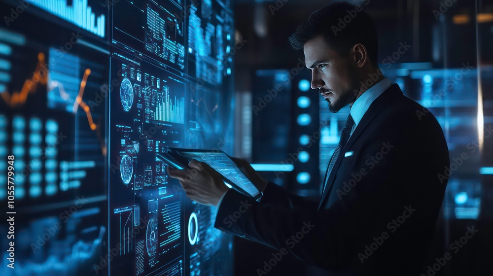 Poster A professional analyzing data on a digital interface in a modern workspace.