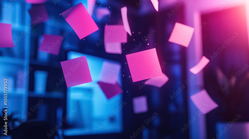 Leinwandbilder floating colorful notes in a modern workspace, suggesting creativity and brainstorming.