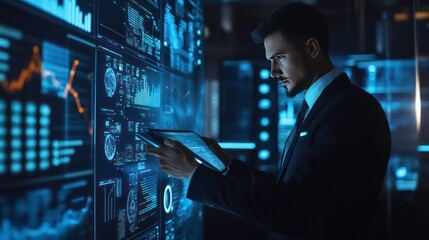 A professional analyzing data on a digital interface in a modern workspace.