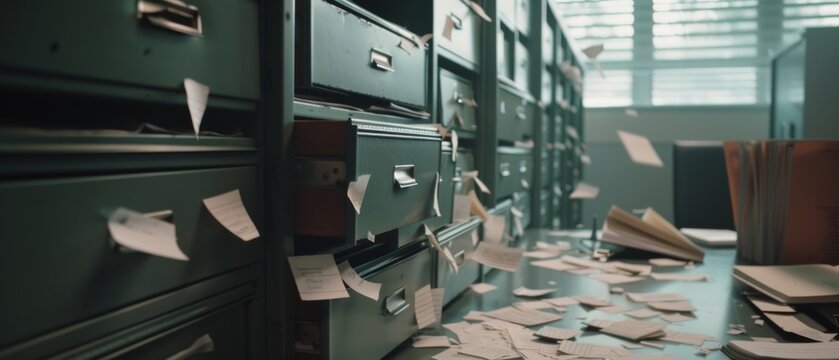 A chaotic scene of open file drawers and flying papers tells a tale of disorganization and urgency in a cluttered office setting.