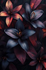 A captivating arrangement of dark and vibrant lilies against a lush backdrop of deep leaves perfect for nature enthusiasts and floral aesthetes