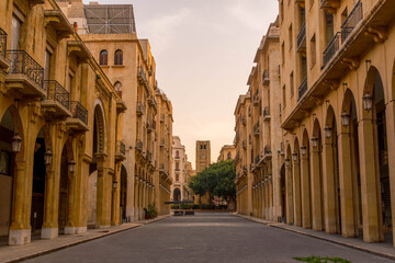 Naklejka premium The empty Beirut downtown at Nejmeh Square (Place de l'Etoile), the central part of Lebanon capital with famous architecture. 