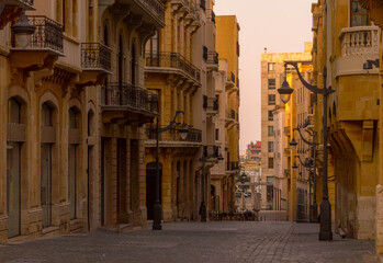 Obraz premium The empty streets of Beirut downtown during the calm evening in Lebanon. 