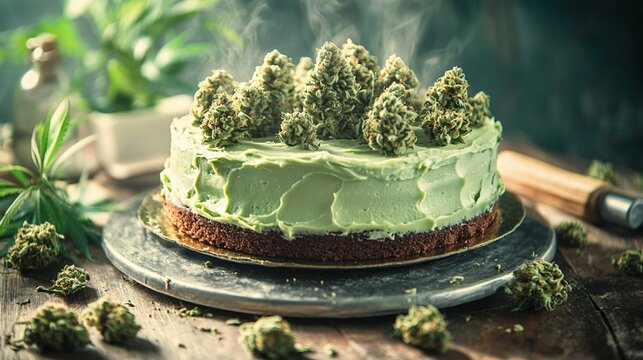 Unconventional green cheesecake adorned with cannabis buds, blending culinary art and controversial ingredients in a rustic setting, sparking debate on edibles.