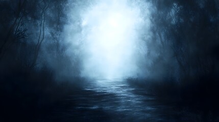 Mystical Pathway Through Enchanted Forest Leading to Glowing Light