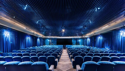 Naklejka premium Elegant cinema theater interior with blue seats and curtain in a dark room with starry lights.