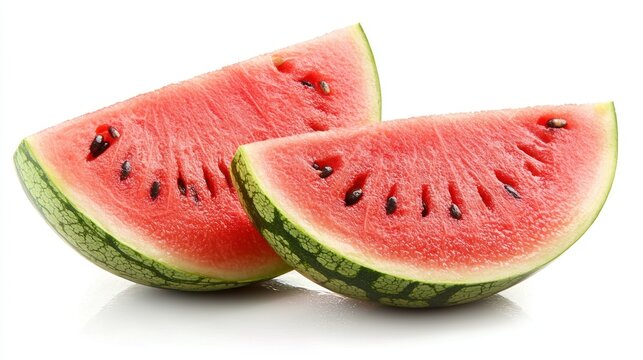 Two Slices of Watermelon with Seeds on a White Background