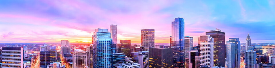 Obraz premium A city skyline with a sunset in the background