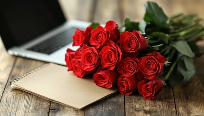 Office Workspace with Roses and Laptop on Wooden Table