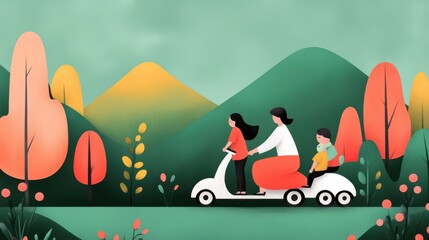 Fototapeta premium Family Riding Scooters Together in Cartoon Landscape