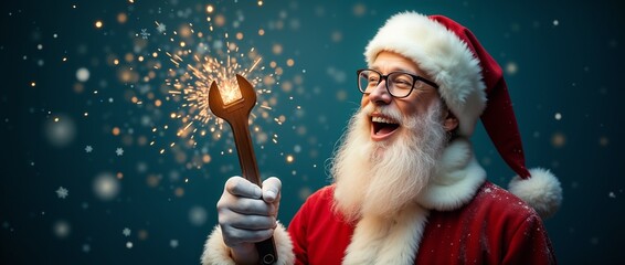 Santa Claus with a joyful expression holds a large wrench, symbolizing holiday spirit and creativity. Snowflakes gently fall around him, emphasizing the festive Christmas atmosphere.

