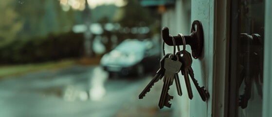 Keys dangle from a hook by a window, overlooking a misty driveway, suggesting the start of a new day or end of a long journey.