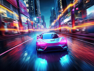 Fototapeta premium Futuristic Sports Car in Neon City at Night