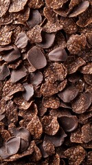 Fototapeta premium Close-up of chocolate cereal flakes and dark chocolate chips mixed together, creating a rich, textured background perfect for food photography or packaging design.