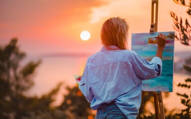Young female artist painting outdoors 