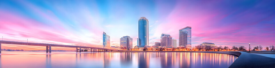 Naklejka premium A city skyline with a bridge in the foreground