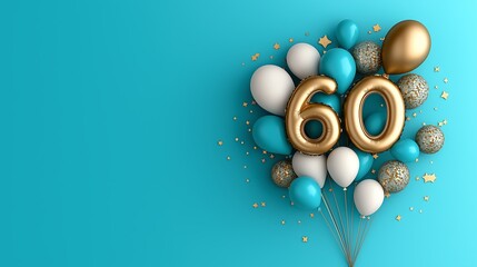 Colorful balloons and gold number 60 on blue background for birthday celebration.
