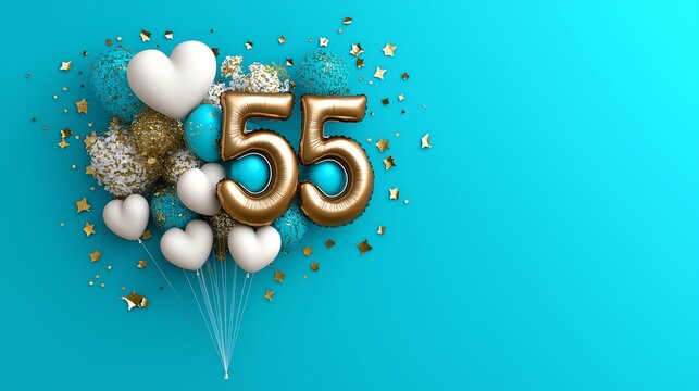 Colorful balloons with hearts and confetti celebrating the number 55, on a blue background.