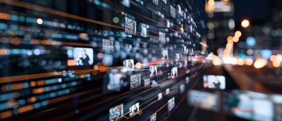 Dynamic digital streams of data flow through a futuristic cityscape at night, representing connectivity and the rapid exchange of information.