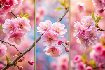 Obraz premium Delicate Pink Cherry Blossoms in Full Bloom – A Stunning Triptych of Springtime Beauty and Nature's Elegance