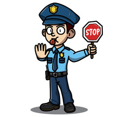 Cartoon policeman character holding a stop sign and raising his hand, signaling to halt. Dressed in a blue uniform with a badge and cap, conveying authority and attentiveness. Ideal for safety themes.