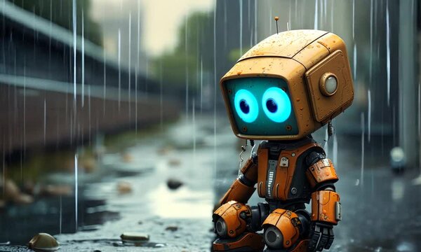 cute little sad robot sits in rain animation