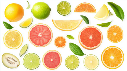 Obraz premium A vibrant collection of citrus fruits, orange, lemon and grapefruit arranged beautifully isolated on a white background showcasing their colors and textures