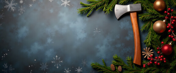 Axe with Pine Branches and Festive Lights Creating a Cozy Christmas Atmosphere