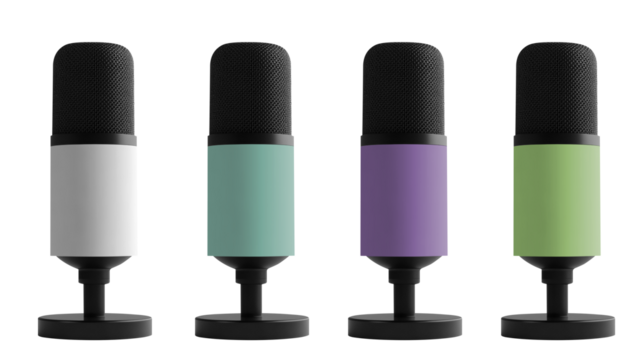 Colorful microphones on a stand, designed for audio recording and streaming, on transparent background.
