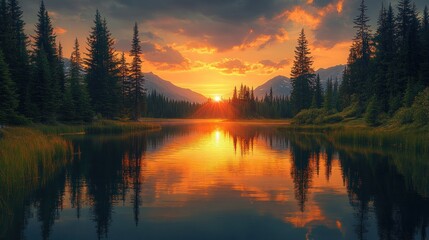 Serene sunset over a tranquil lake surrounded by mountains.