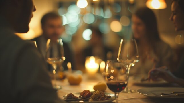 Soft focus on coworkers sharing stories and memories around a dinner table.