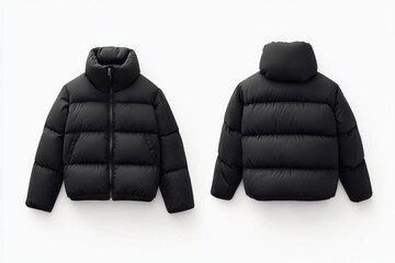 Black puffer jacket front and back on white background