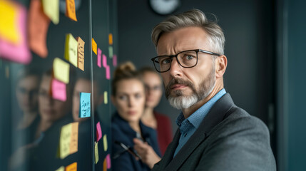 Focused team brainstorming with sticky notes in modern office
