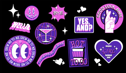 Y2K funky girly vector sticker set, popular gen z memes and quotes, perfect for stickers, badges, pins and other accessories. Groovy trendy design elements.
