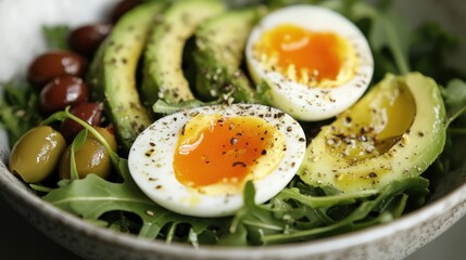 Nutritious salad featuring arugula avocado eggs and olives