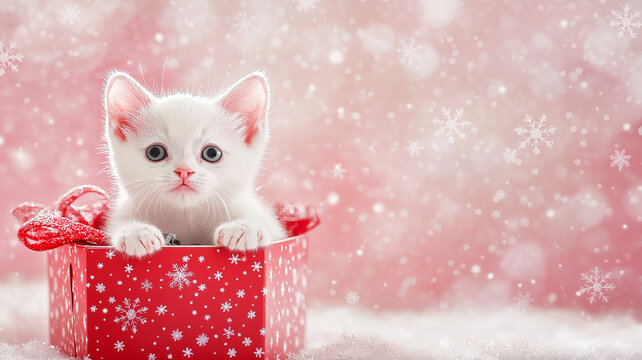 A cute spotted white kitten emerging from a Christmas gift box on a pink background with lots of copy space and snowflakes