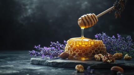 Pouring honey into a honeycomb accompanied by walnuts and lavender flowers against a dark stone backdrop