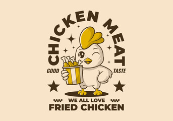 We all love fried chicken. Retro mascot character of chicken or rooster holding a cup of fried chicken