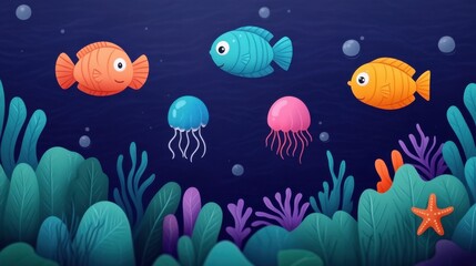 Naklejka premium Colorful Cartoon Underwater Scene with Fish and Jellyfish
