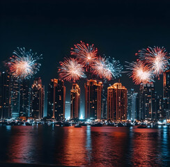 A vibrant display of fireworks over a city skyline reflected in water at night.