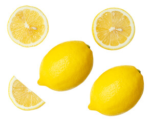 Top view set of fresh ripe yellow lemon fruits with halves and slices or quarters isolated on white background with clipping path