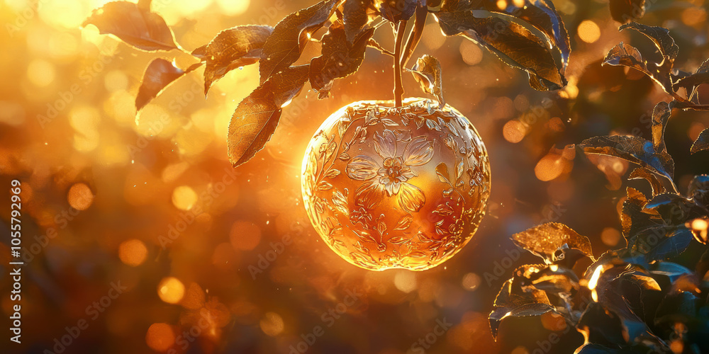 Poster a golden apple hanging from a tree with a bright sun shining on it