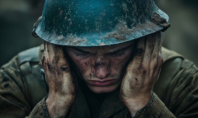 Fototapeta premium Muddy soldier holding head in gloves.