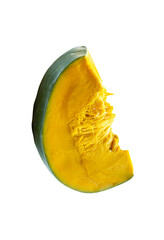 Top view of fresh green japanese pumpkin slice or piece isolated on white background with clipping path